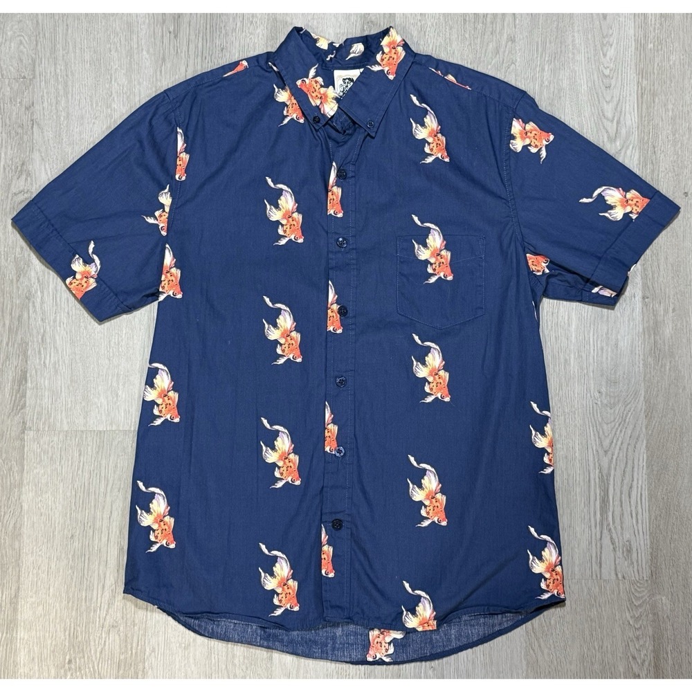 Kennington LTD Button Up Shirt Mens Size L Blue Fish Short Sleeve Collared